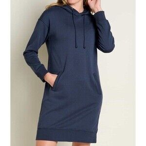 Toad&Co Follow Through Hooded Dress Organic Cotton Blue Long Sleeve M